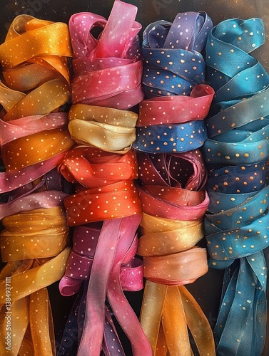 Vibrant Hand-Dyed Silk Ribbons with Gold Dots
