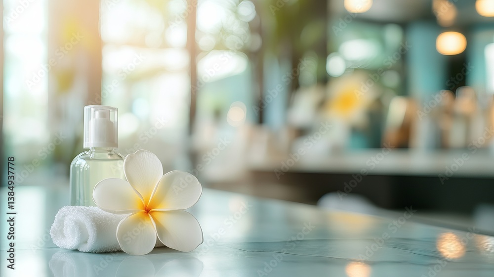 Relaxing Spa Setting with Essential Oil, White Towel, and Fresh Flower on a Calm Surface