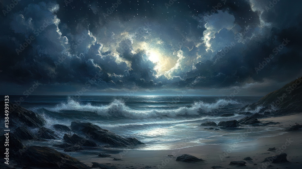 Moonlight beach scene under stormy clouds Moonlight beach scene under stormy clouds