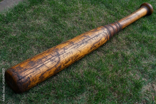 A rounders bat on a grassy field sets a casual, everyday sports atmosphere
