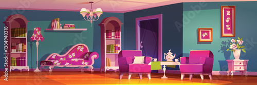 Living room interior in cute princess style, pink