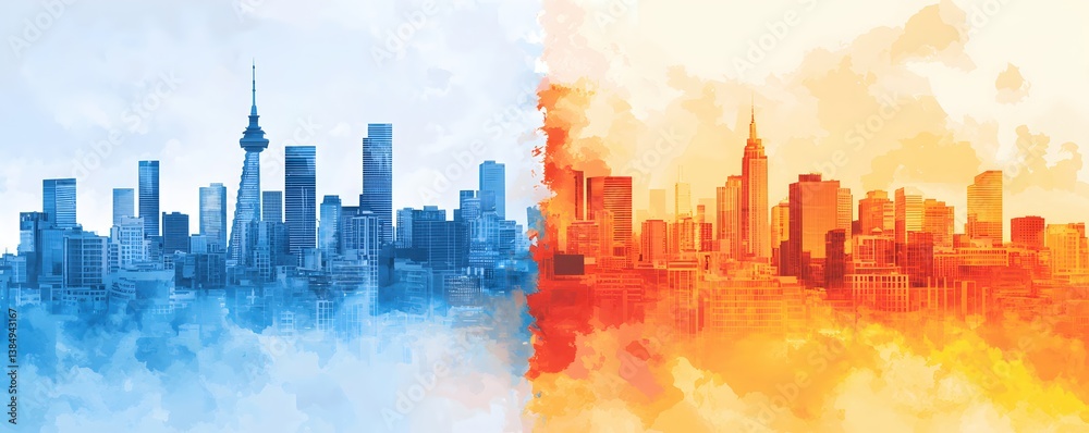 Vibrant City Skyline Split in Blue and Orange Color Palette Vibrant City Skyline Split in Blue and Orange Color Palette