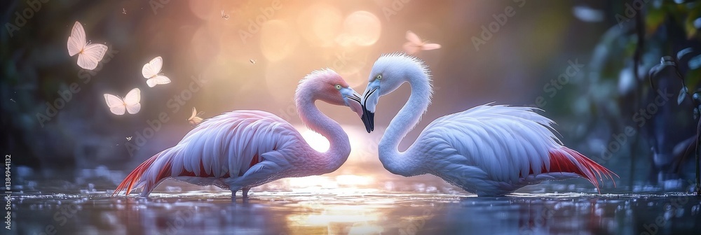 Obraz premium A scene in pastel tones showing a family of flamingos, where subtly connected forms enhance a sense of tranquil elegance