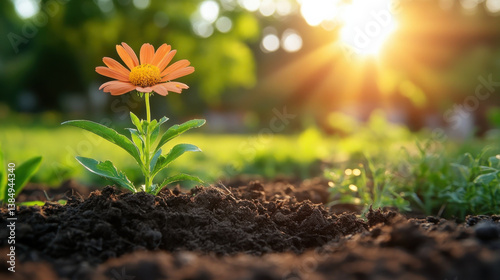 vibrant orange flower blooms in rich soil, illuminated by warm sunlight, symbolizing growth and renewal in serene garden setting