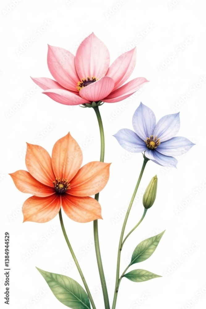 Naklejka premium Delicate watercolor flowers on white background, isolated, floral design, abstract flowers