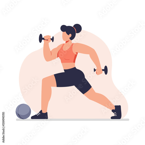 Female athlete exercising with dumbbells against a minimalist background  