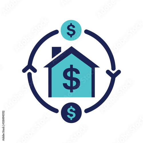 Real estate investment icon with house and dollar sign symbols, property value and mortgage refinance concept illustration, home equity loan and financial house market eps vector graphic.