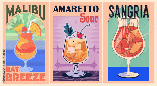 Cocktails retro poster set. Amaretto Sour, Malibu Bay Breeze, Sangria. Collection of summer alcohol drinks. Vintage flat vector illustrations for bar, pub, restaurant, kitchen wall art print