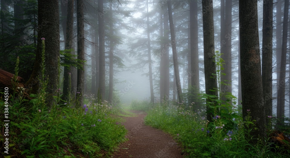 Obraz premium Serene forest path surrounded by tall trees and mist