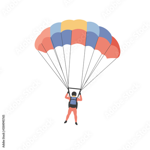Parachutist descending with colorful parachute against white background  