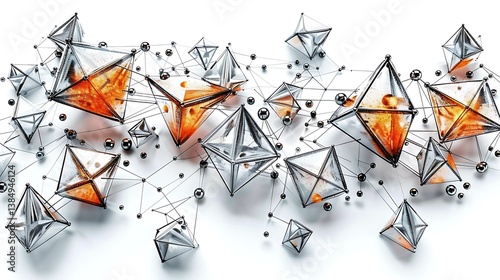 Geometric shapes interconnected with lines and small silver spheres