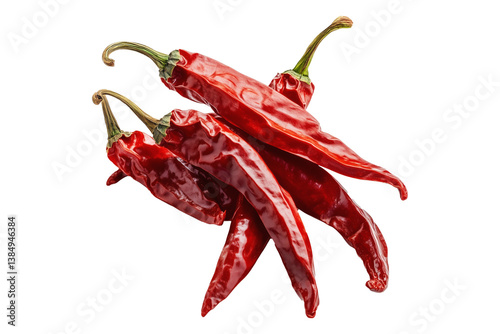 A bunch of dried red chili peppers with wrinkled texture and glossy surface, isolated on a white background. Concept of spicy food and seasoning