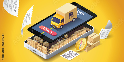 Illustration of online delivery service via mobile application. Online Order Tracking Home and office delivery service.City logistics. Warehouse, truck, forklift, courier, delivery man, on mobile.	