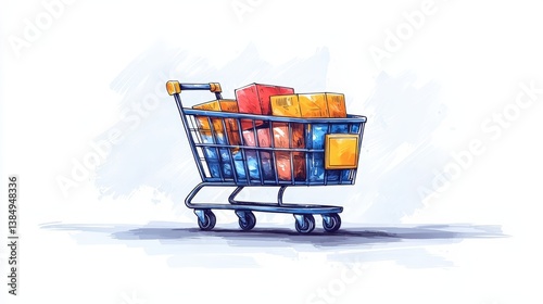 Colorful Shopping Cart Filled with Various Packages Ideal for Retail and E-commerce Concepts