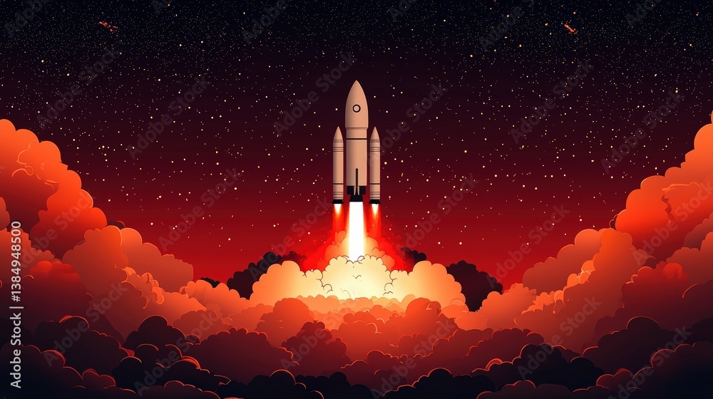Fototapeta premium Rocket Launching from Cloudy Atmosphere into Starry Space at Dusk with Bright Flames and Smoke