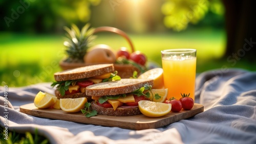 Wide-angle overhead shot of an outdoor meal featuring sandwiches, fruits, and cold drinks. Picnic setup surrounded by lush greenery, with bright and clear lighting creating a cheerful and relaxed mood