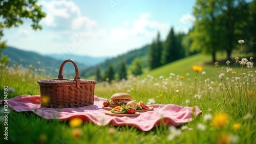 Serene nature lifestyle with a picnic setup on a grassy hill, including a basket and food, framed by wildflowers and trees. Bright daylight and blue sky enhance the peaceful mood.
