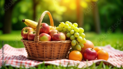 Fruit-themed still life featuring a basket with apples, grapes, bananas, and oranges on a picnic blanket. Sunny, bright atmosphere with vibrant summer colors for a fresh, lively look.