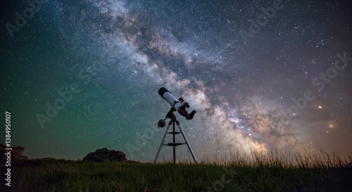 Telescope under Milky Way night sky, star gazing concept