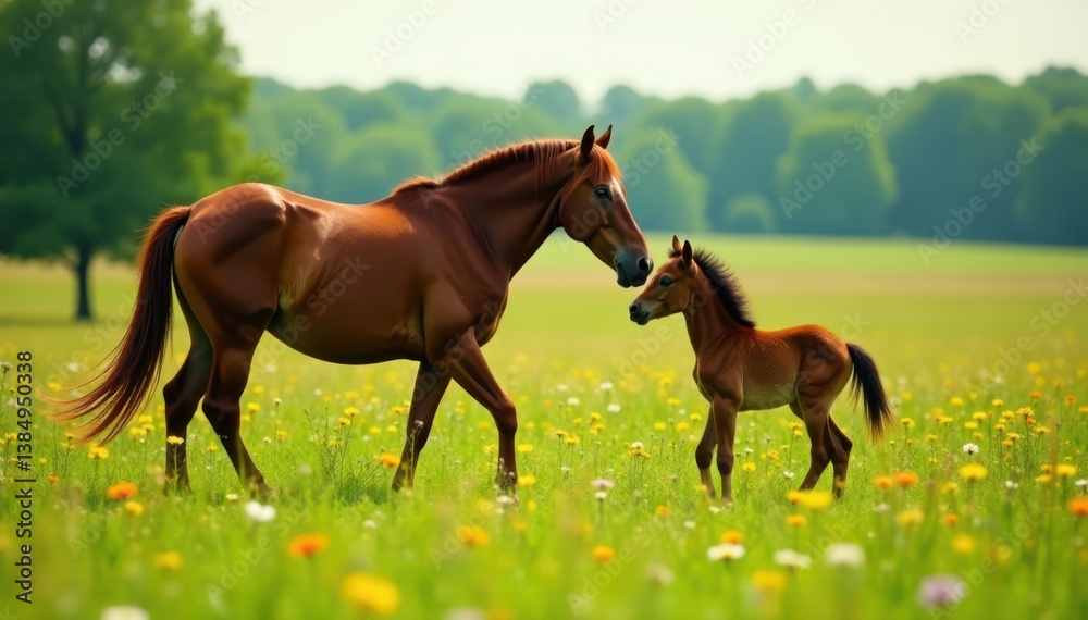Fototapeta premium Mare with foal in a lush meadow, surrounded by wildflowers, nature, horses