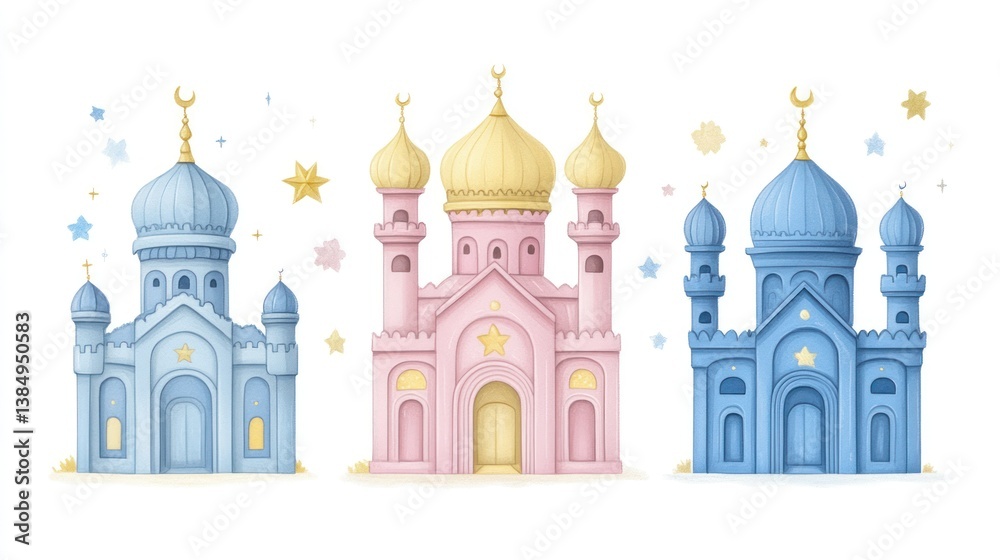 Charming Watercolor Mosques: Pastel Pink and Blue Architectural Illustrations Charming Watercolor Mosques: Pastel Pink and Blue Architectural Illustrations