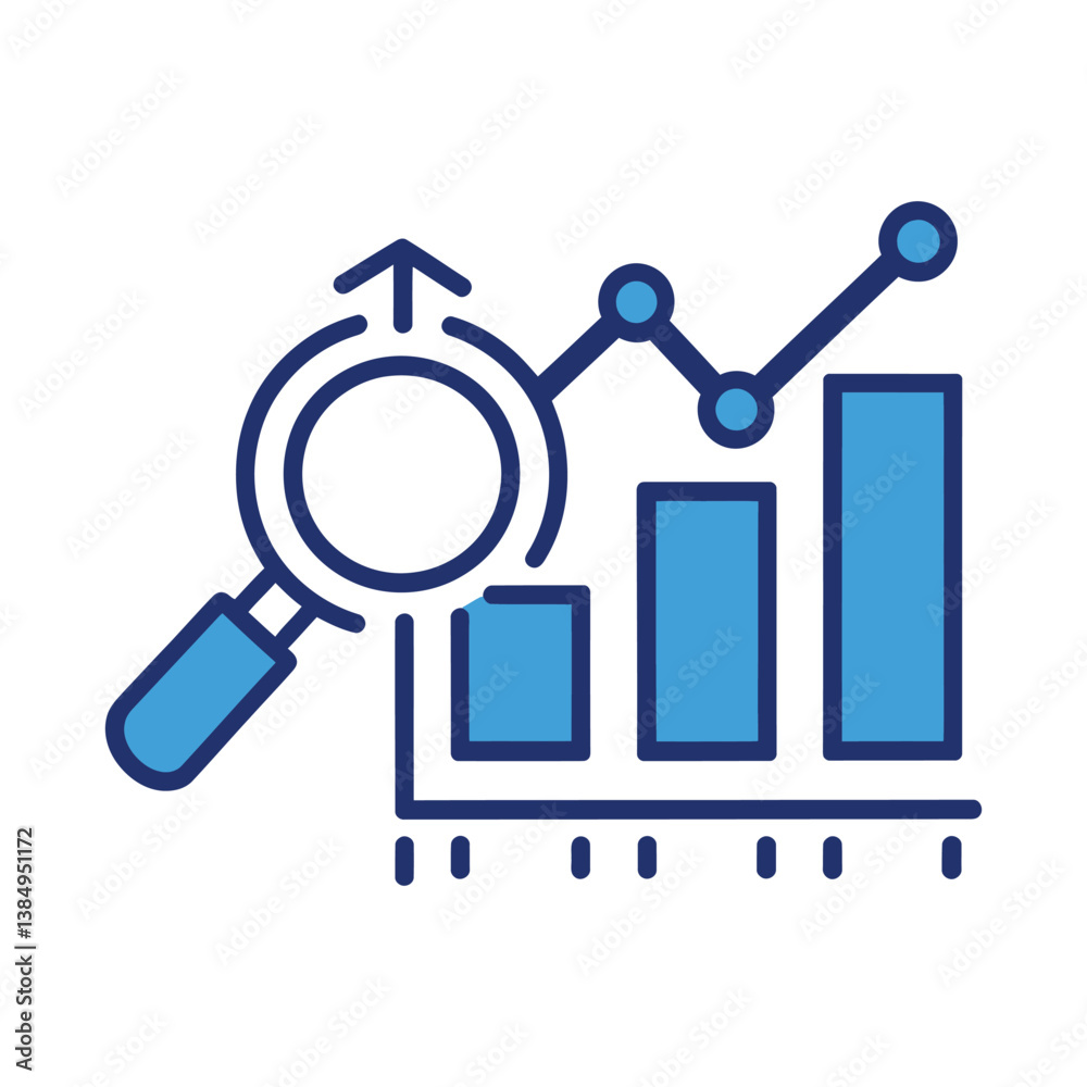 Magnifying glass analyzing bar and line graph icon representing data analysis, business growth, and financial statistics Magnifying glass analyzing bar and line graph icon representing data analysis, business growth, and financial statistics