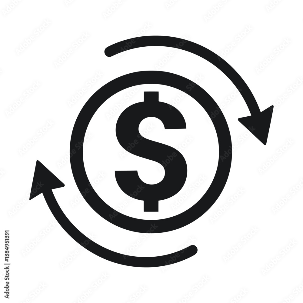 Dollar sign with circular arrows icon representing money transfer, currency exchange, or financial transaction Dollar sign with circular arrows icon representing money transfer, currency exchange, or financial transaction