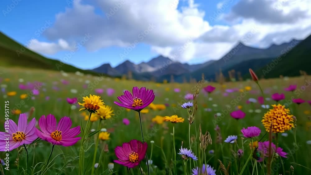 Vibrant Wildflowers in Mountain Meadow Under Blue Sky Vibrant Wildflowers in Mountain Meadow Under Blue Sky