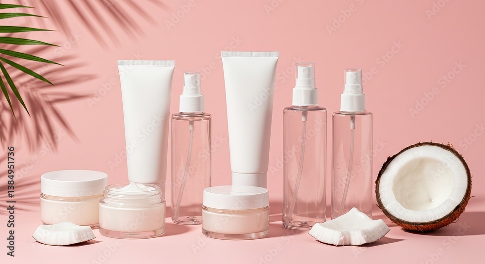 Natural skincare products with coconut and palm on pink background for cosmetic branding Natural skincare products with coconut and palm on pink background for cosmetic branding