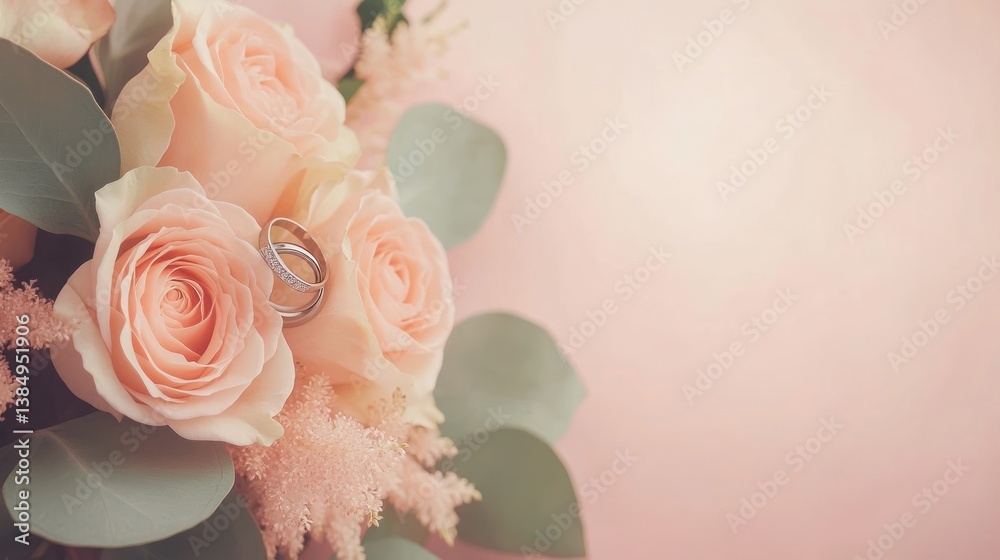 Fototapeta premium Delicate peach roses with wedding rings on a blush pink background backdrop