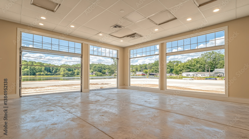 Fototapeta premium Spacious, freshly cleaned area with large windows offering view of lake and surrounding greenery, creating serene atmosphere