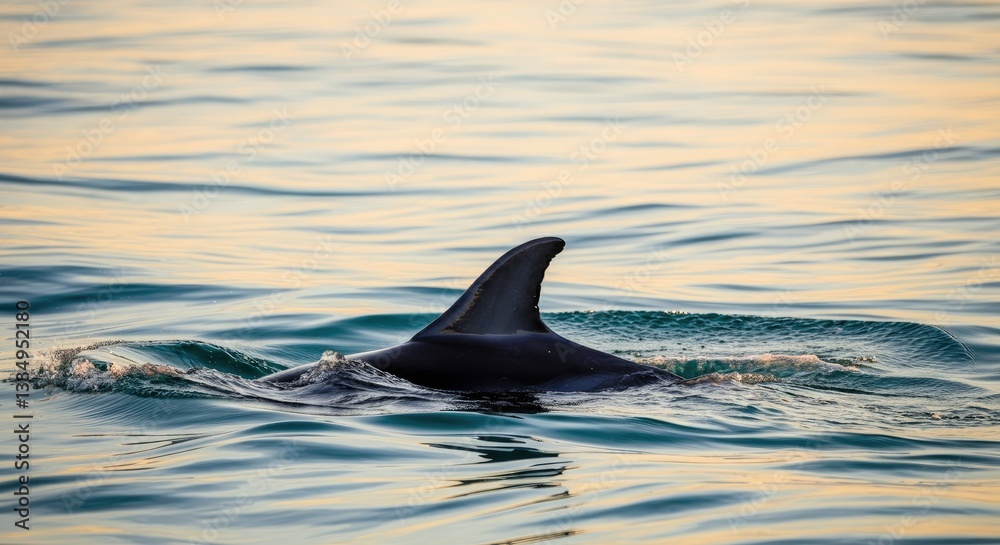 Fototapeta premium Dolphin fin emerging from calm ocean waters during sunset