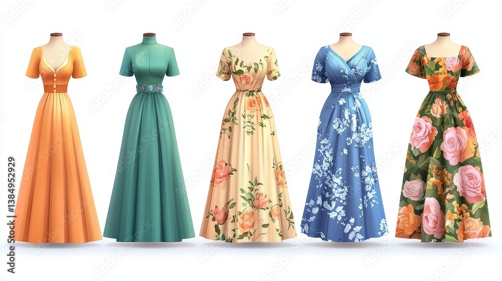 Elegant and Stylish Women's Dresses Displayed on Mannequins in Vibrant Colors and Designs Elegant and Stylish Women's Dresses Displayed on Mannequins in Vibrant Colors and Designs