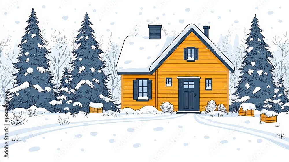 Fototapeta premium Cozy Yellow House Surrounded by Snowy Pines in Winter Wonderland Scene