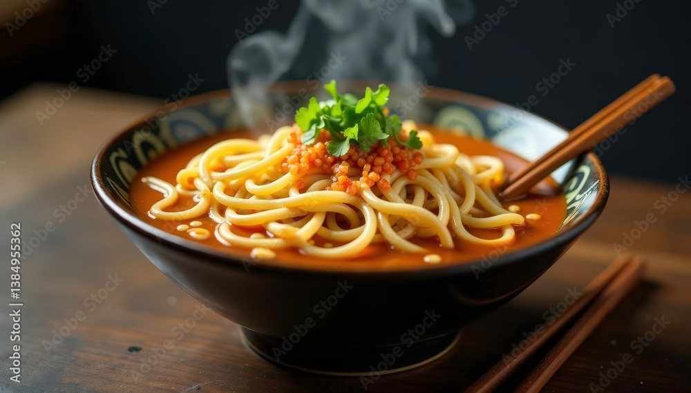 Steaming bowl of ramen noodles, chopsticks, garnish, isolated, vegetables