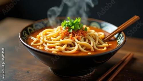 Obraz na płótnie Steaming bowl of ramen noodles, chopsticks, garnish, isolated, vegetables w salonie