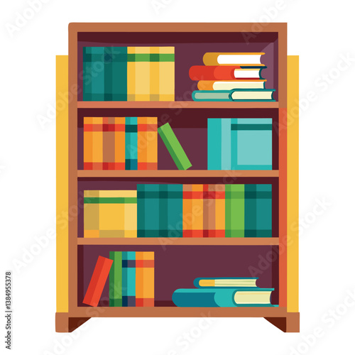 A wooden bookshelf in a home library displays rows of old books, a vector illustration of furniture perfect for a study room