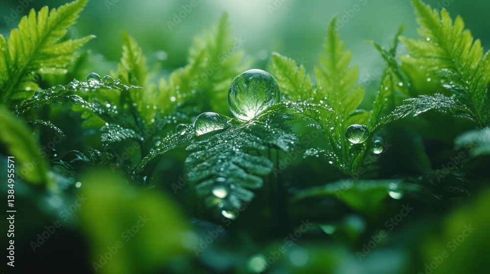 Dewdrops on Fern Leaves in Forest Dewdrops on Fern Leaves in Forest