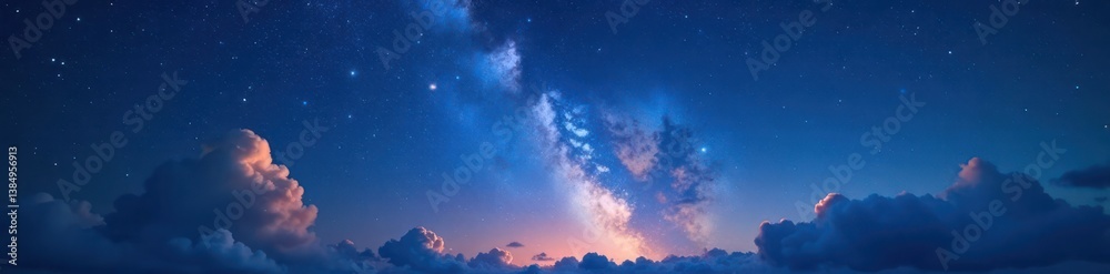 Naklejka premium Sparkling starry night sky with a few scattered clouds, night sky, twinkling