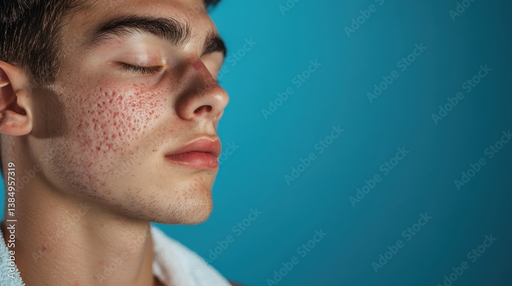 Close up of a young man with eyes closed, showcasing acne scars on his face against a vibrant blue backdrop, highlighting skin imperfections and dermatological concerns Close up of a young man with eyes closed, showcasing acne scars on his face against a vibrant blue backdrop, highlighting skin imperfections and dermatological concerns