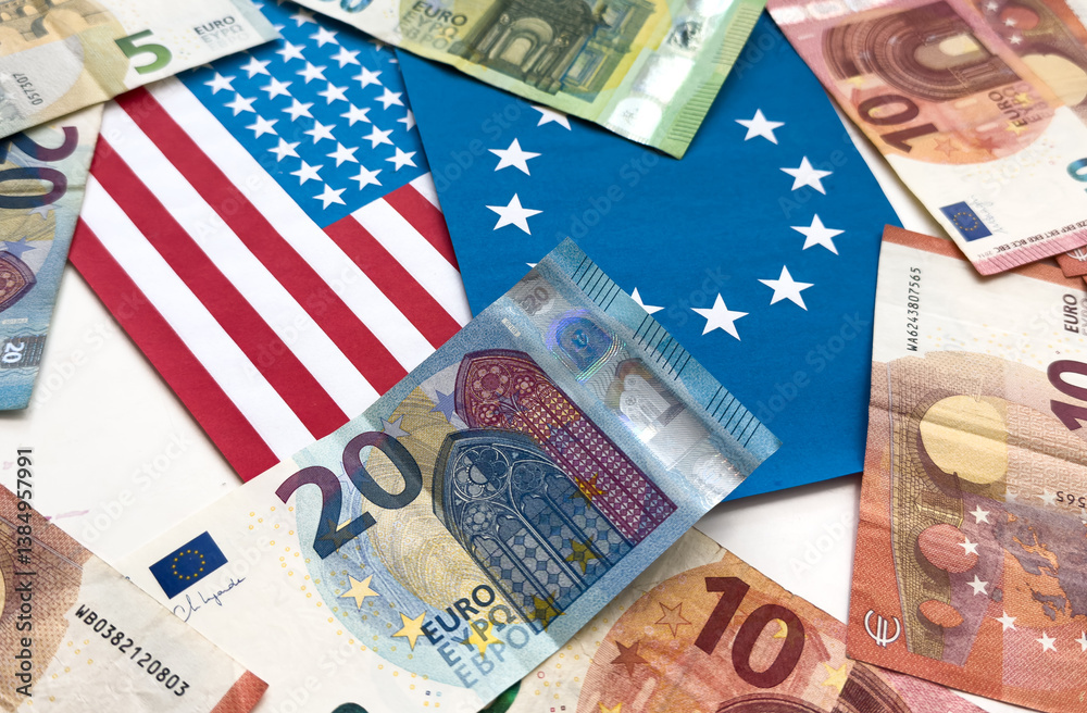 us and european union flags with euro banknotes