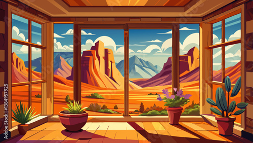 view of desert mountains through large picture window in a southwestern home