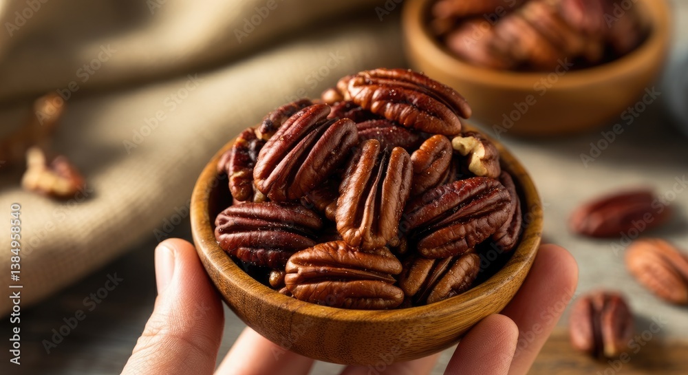 Close-up of hand holding small bowl pecans