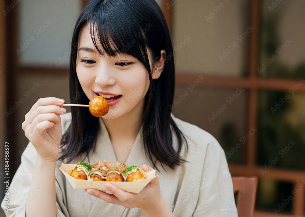 たこ焼きを食べる女性