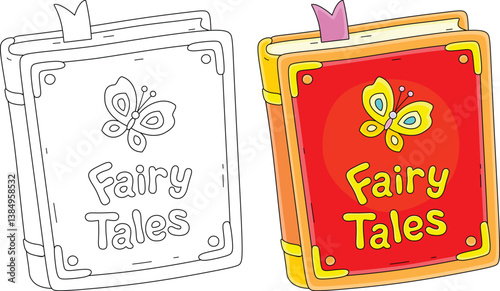 Old magi book of fairy tales and stories about an imaginary wonderland for little children, color and black-and-white vector cartoon illustrations