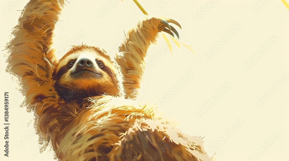 Obraz premium Happy sloth reaching up in bright artistic illustration