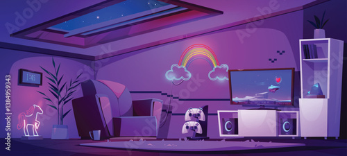 Teen girl room on attic, interior with gamer stuff