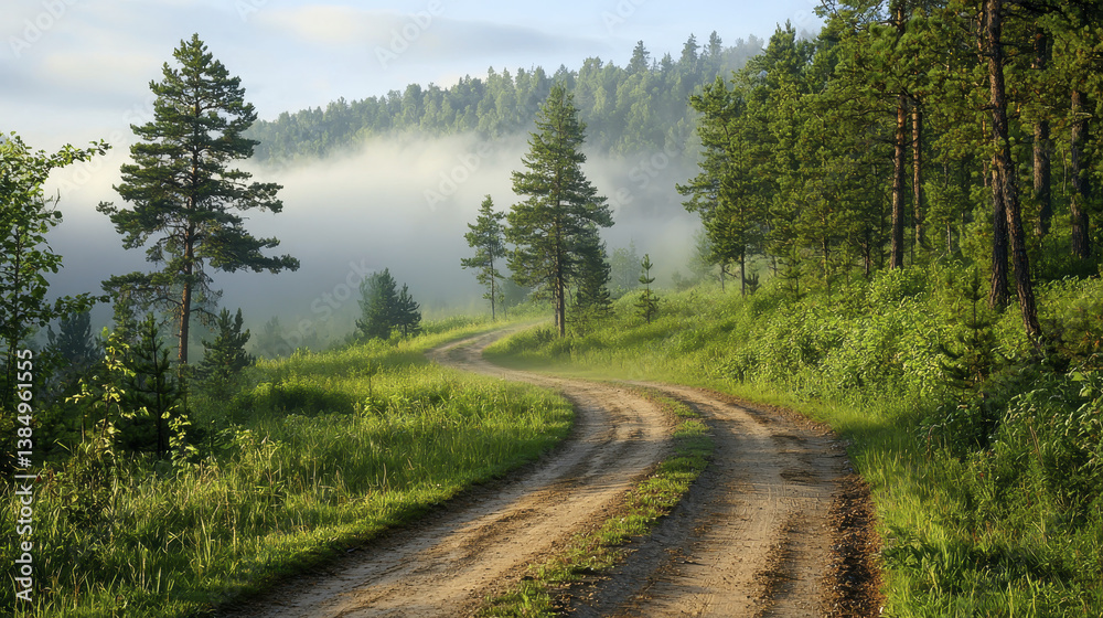 serene landscape featuring winding dirt road surrounded by lush green trees and morning fog, evoking sense of tranquility and nature beauty serene landscape featuring winding dirt road surrounded by lush green trees and morning fog, evoking sense of tranquility and nature beauty