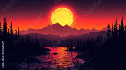 Majestic Sunset Over Mountains with Reflections in Calm Water and Silhouetted Pine Trees