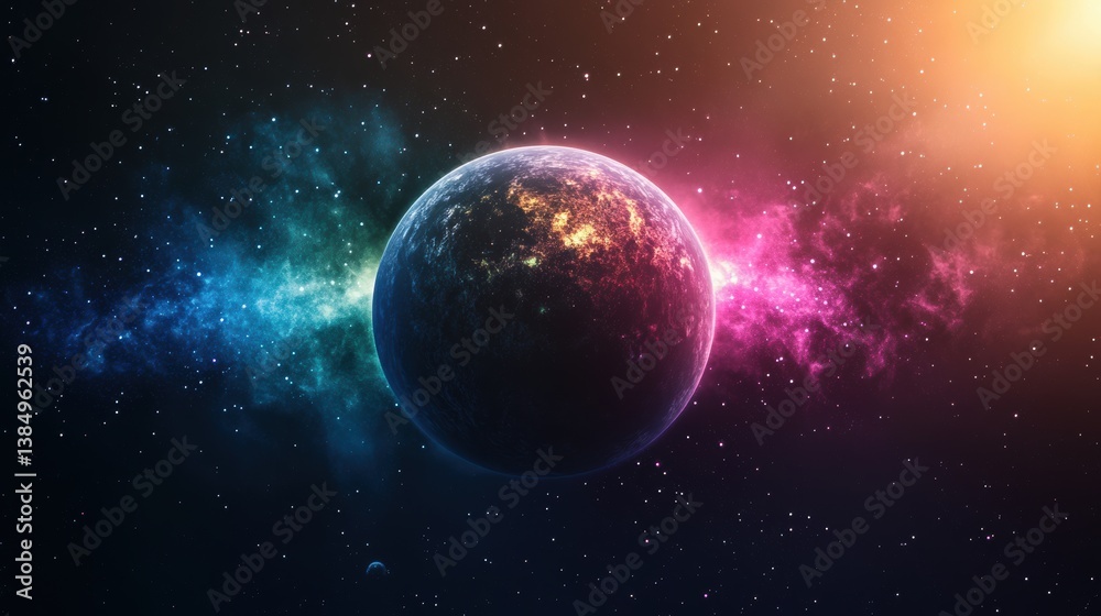 Fototapeta premium Stunning Cosmic Landscape Featuring a Vibrant Planet Surrounded by Colorful Nebulae in the Depths of Space with Twinkling Stars and a Bright Light Source